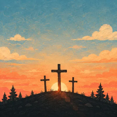 Three Crosses on Sunset Evergreen Hill