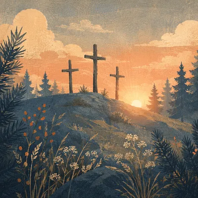 Three Crosses on Evergreen Hill at Sunset