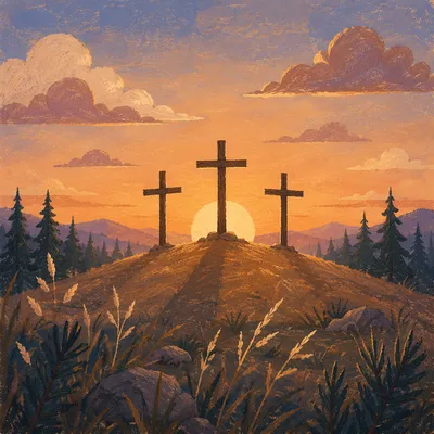 Three Crosses at Evergreen Sunset