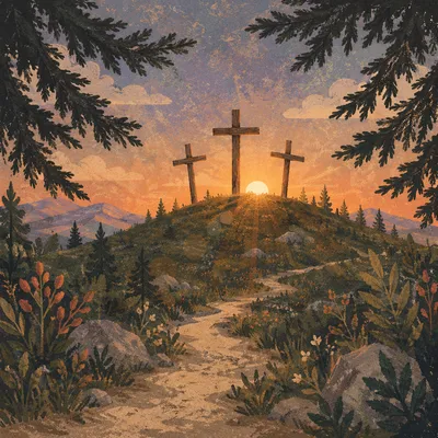 Three Crosses on Evergreen Hill at Sunset