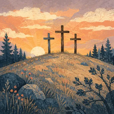 Three Crosses on Evergreen Hill at Sunset