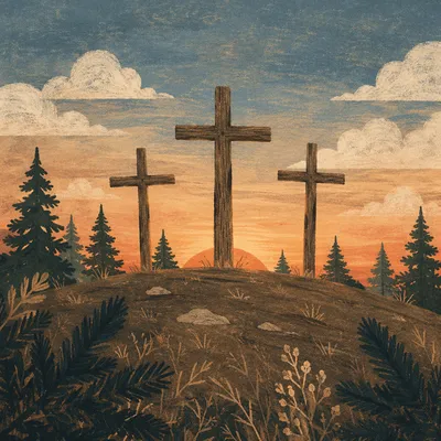 Three Crosses at Evergreen Sunset