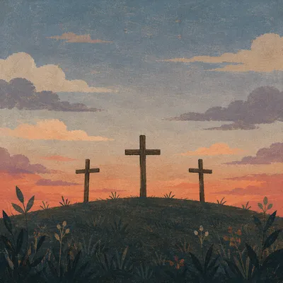 Three Crosses on Twilight Grassy Hill