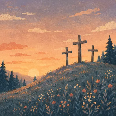 Three Crosses on Evergreen Hill at Sunset