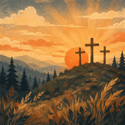 Three Crosses at Sunset Among Evergreens