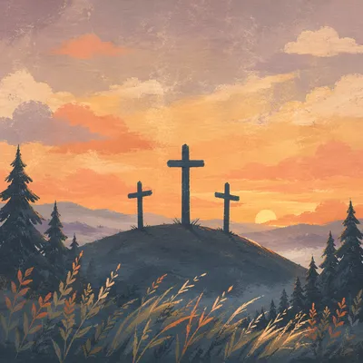 Three Crosses at Sunset Among Evergreens