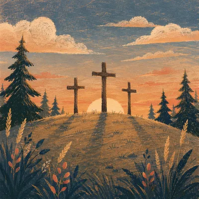 Three Crosses at Evergreen Sunset