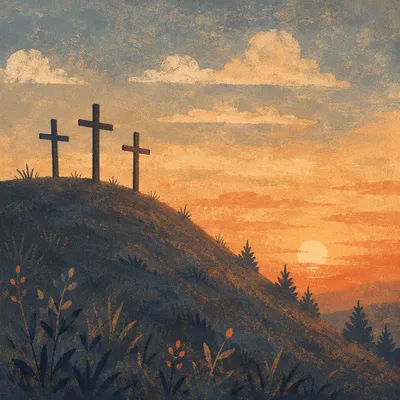 Three Crosses at Sunset on Hill