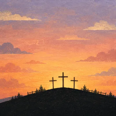 Three Crosses on Hill at Sunset