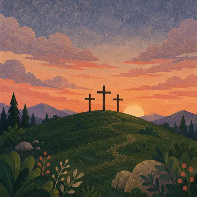 Three Crosses on Green Hill at Sunset