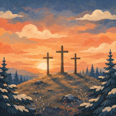 Three Crosses on Evergreen Hill at Sunset