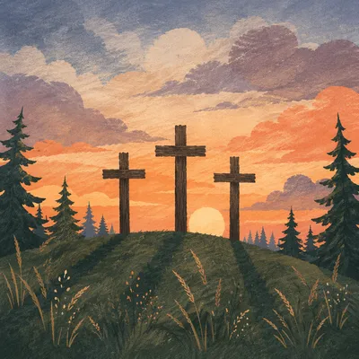 Three Wooden Crosses on Evergreen Sunset Hill