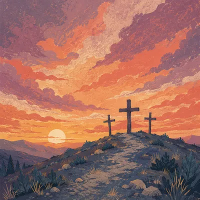 Three Crosses on Sunset Evergreen Hill