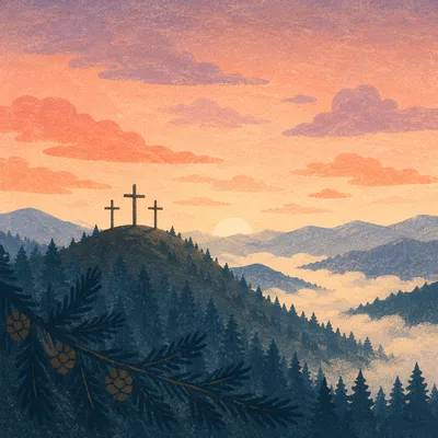 Three Crosses on Evergreen Hill at Sunset