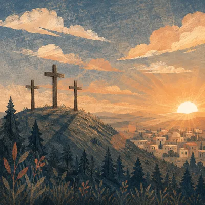 Three Crosses on Evergreen Hill at Sunset