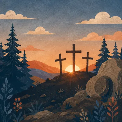 Three Crosses at Evergreen Sunset