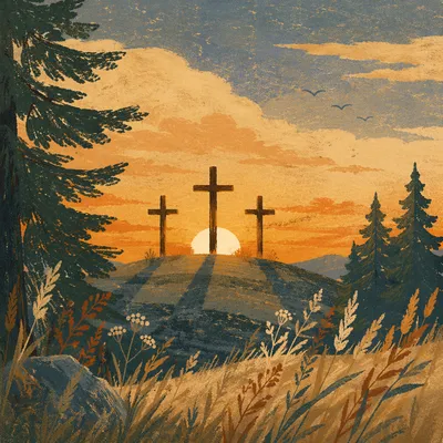 Three Wooden Crosses at Evergreen Sunset