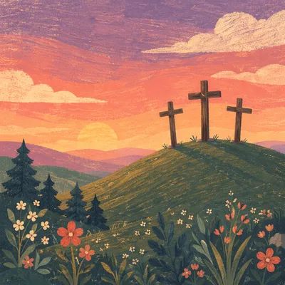 Three Crosses on Sunset Evergreen Hill