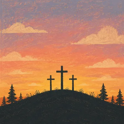 Three Crosses Silhouetted on Sunset Hill