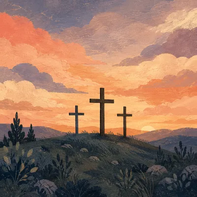 Three Crosses on Sunset Evergreen Hill