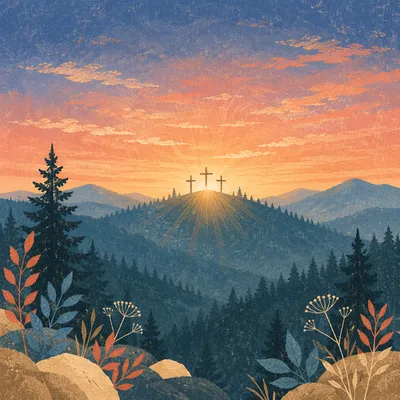Three Crosses on Evergreen Hill at Sunset