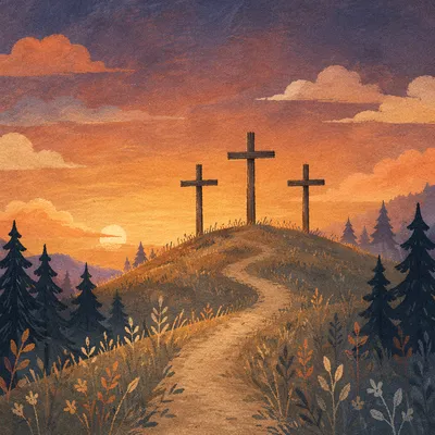 Three Crosses on Evergreen Hill at Sunset