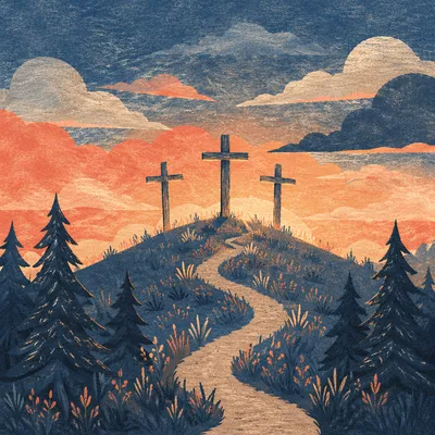 Three Crosses on Evergreen Hill at Sunset