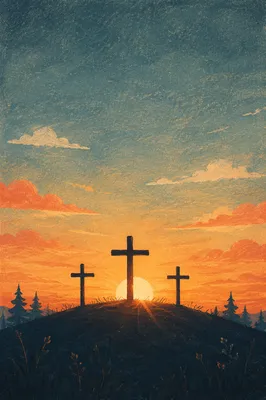Three Crosses on Sunset Evergreen Hill