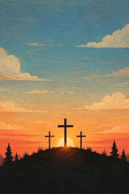 Three Crosses Silhouetted on Sunset Hill