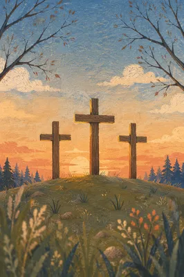 Three Wooden Crosses at Evergreen Sunset