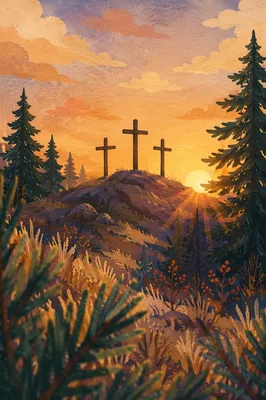 Three Crosses at Evergreen Sunset