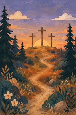 Three Wooden Crosses at Evergreen Sunset