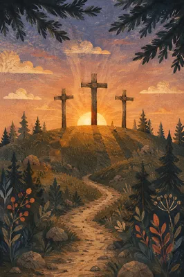Three Crosses on Evergreen Hill at Sunset