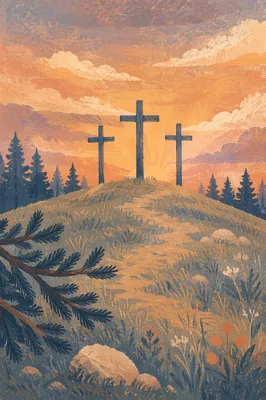 Three Crosses at Evergreen Sunset