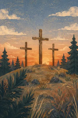 Three Wooden Crosses at Evergreen Sunset