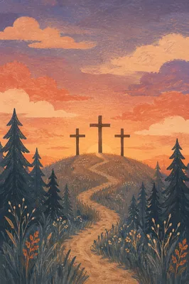 Three Crosses on Evergreen Hill at Sunset
