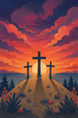 Three Crosses at Evergreen Sunset