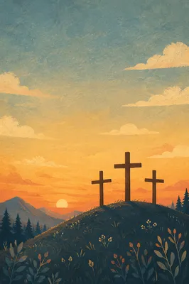 Three Crosses at Evergreen Sunset