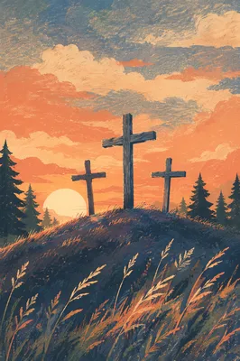 Three Wooden Crosses at Evergreen Sunset
