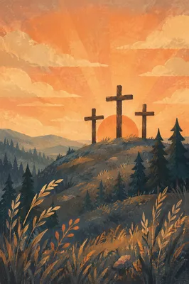 Three Crosses at Sunset Among Pines