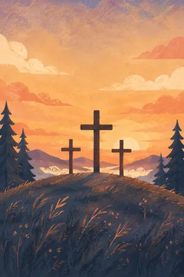Three Crosses at Sunset Among Evergreens