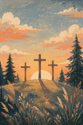 Three Crosses at Evergreen Sunset