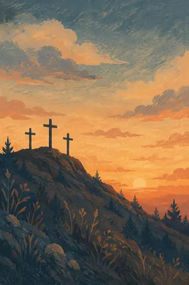 Three Crosses on Hill at Sunset