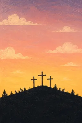 Three Crosses on Hill at Sunset