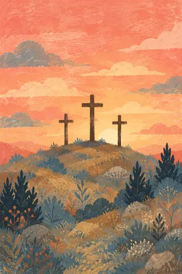 Three Crosses on Evergreen Hill at Sunset