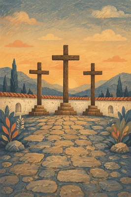 Three Crosses on Hill at Sunset