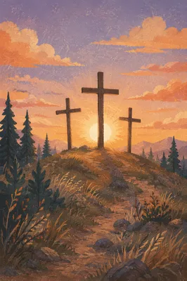 Three Wooden Crosses on Evergreen Sunset Hill