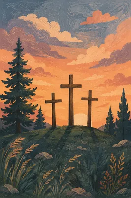 Three Wooden Crosses on Evergreen Hill at Sunset