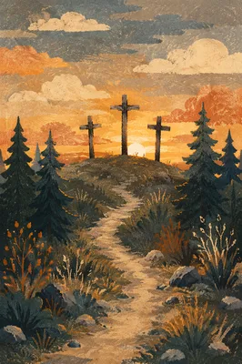 Three Wooden Crosses at Evergreen Sunset