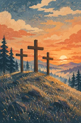 Three Crosses at Evergreen Sunset